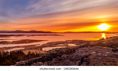 Sunset On Þingvellir Park In Iceland