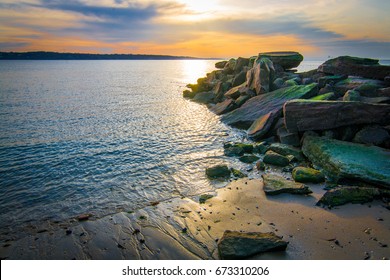 Sunset On Rocky Pier At Morgan Park In Glen Cove, NY