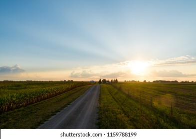 Sunset On A Rural Dirt Road In The Midwest.  LaSalle County, Illinois, USA