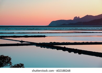 Sunset on saltworks of Ibiza