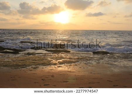 Sunset on sandy beach, Dark evening, Sri Lanka, golden sunset