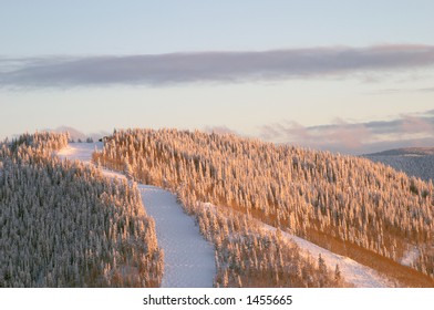 Sunset On Ski Slopes At Winter, Steamboat Ski Resort, Colorado, United States