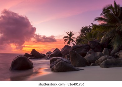 Sunset on tropical beach - Seychelles - nature background