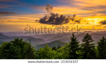 Sunset over the Appalachian Mountains from Caney Fork Overlook on the Blue Ridge Parkway in North Carolina.