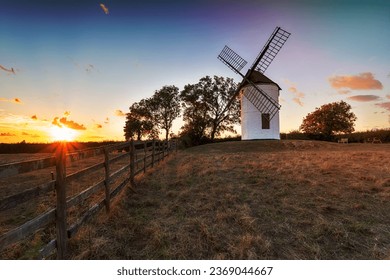 Sunset over Ashton Windmill at Wedmore in the Somerset countryside