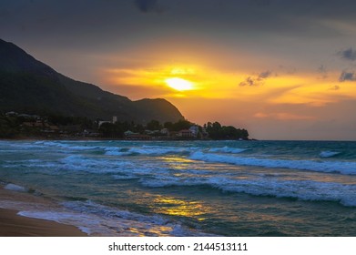 Sunset over the Beau Vallon Beach on the island of Mahe, Seychelles. Beau Vallon Beach is well-frequented and is possibly the most popular beach on the island. - Shutterstock ID 2144513111