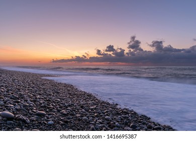 Sunset Over The Black Sea In Batumi Beach Georgia