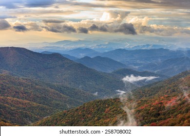 Sunset over the Blue Ridge Appalachian Mountains south of Asheville in autumn.