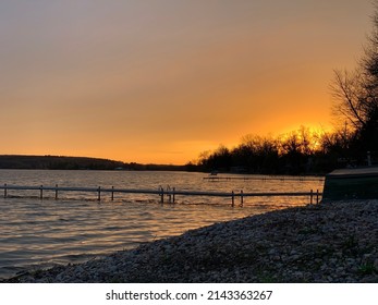 Sunset Over Boat Landing And Pier, Lake Mason