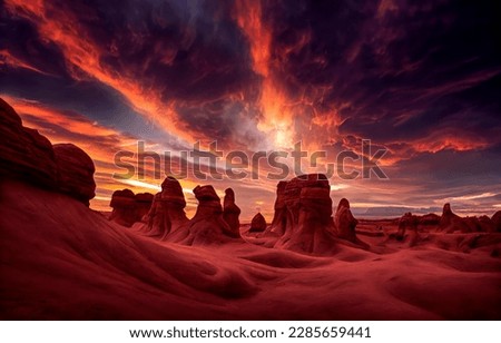 Sunset over the canyon desert. Fantasy sunset over sandstones in desert. Canyon desert sandstones at sunset. Amazing sunset over sandstone desert