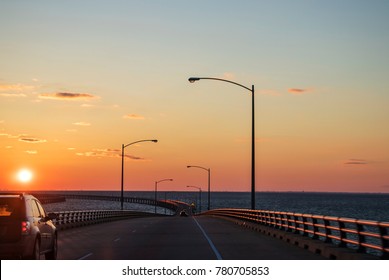 Sunset Over The Chesapeake Bay Bridge Tunnel, Virginia Beach, Virginia, USA