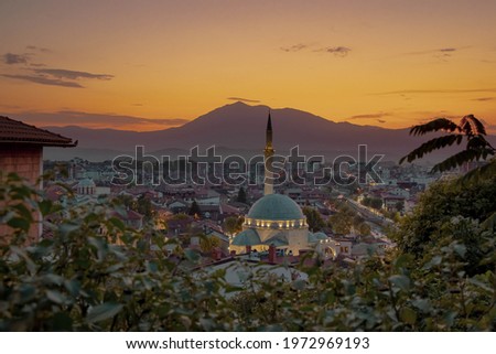 Sunset over the City of Prizren in Kosovo with a beautiful Mosque