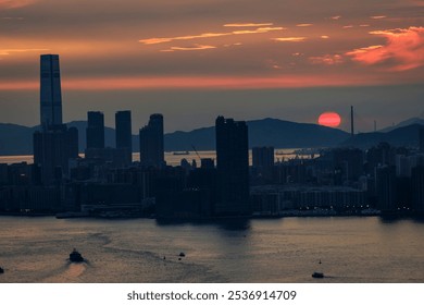Sunset Over City Skyline with Mountains and Water, Hong Kong