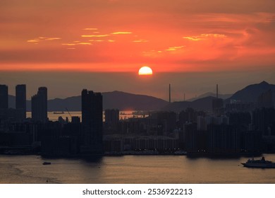 Sunset Over City Skyline with Mountains and Water, Hong Kong - Powered by Shutterstock - Get 15% off with code: PIKWIZARD15