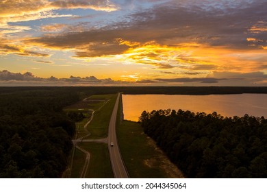 Sunset Over The Dam At Big Creek Lake In Mobile, Alabama 