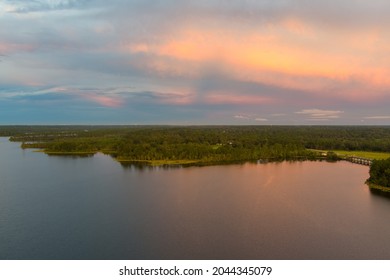 Sunset Over The Dam At Big Creek Lake In Mobile, Alabama 