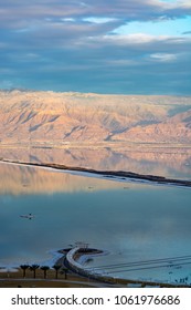 Sunset Over Dead Sea, Full Of Minerals Near Town Ein Bokek, Place For Medical Treatments, Climatotherapy, Thalassotherapy, Heliotherapy