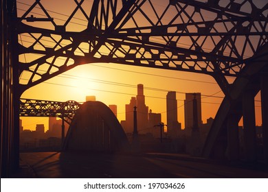 Sunset Over Downtown Los Angeles City Seen From The Iconic 6th Street Bridge.