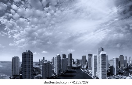 Sunset Over Downtown Miami And Brickell, Aerial View.