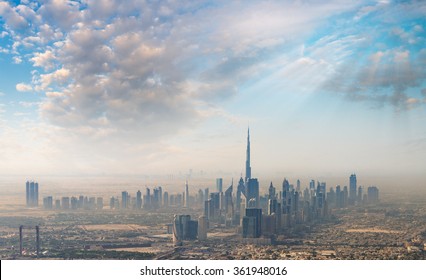 Sunset Over Dubai, Aerial Skyline.