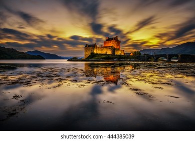 Sunset over Eilean Donan Castle, Scotland, United Kingdom. Long exposure. - Powered by Shutterstock