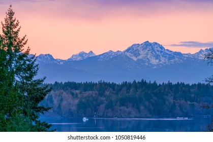 Sunset Over Eld Inlet Looking Towards Olympic Mountains, Olympia Washington