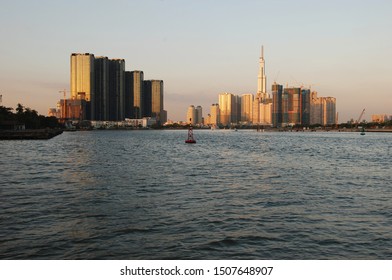 Sunset Over Embankment With Vincom Landmark 81 Of Ho Chi Minh City, Vietnam