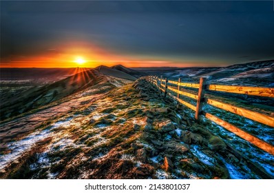 Sunset over a farm fence field. Farm fence at sunset. Countryside farm fence at sunset. Sunset farm fence - Shutterstock ID 2143801037