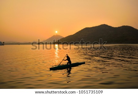Sunset over fateh sagar lake in Udaipur.