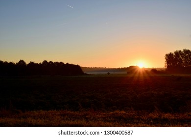 sunset over the fields with dew