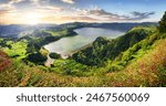 Sunset over Furnas Lake, mountain landscape panorama from Pico do Ferro, Sao Miguel Island, Azores, Portugal