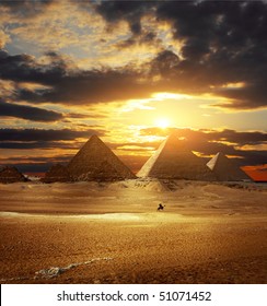 Sunset over Giza pyramids. Egypt