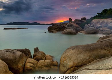 Sunset Over Grand Pa And Grand Ma Rocks At Samui, Thailand 