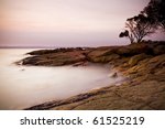 Sunset over Great Oyster Bay from the little town of Coles Bay along the Freycinet Peninsula, Tasmania, Australia