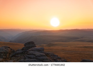 Sunset Over The Great Plains And Rocky Plateau Of Inner Mongolia In China, Magnificent Idyllic Holiday Scene In Mongolia And Great Visibility