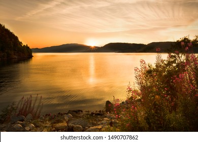 Sunset Over The Hardangerfjord In Norway