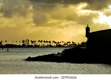 Sunset over the historical fortress surrounding the city of Old San Juan, Puerto Rico