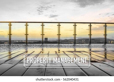 Sunset over an infinity swimming pool with word PROPERTY MANAGEMENT
