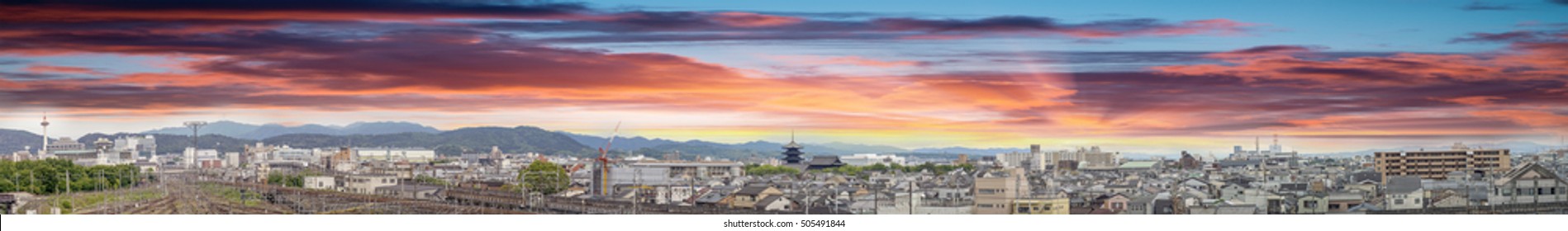 Sunset Over Kyoto, Japan. Aerial Panoramic City View.