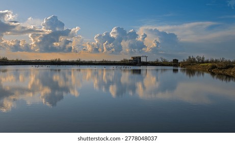 sunset over the lagoon inside the river Po delta with a dramatic sky in the background, Porto Levante, Rovigo, Italy