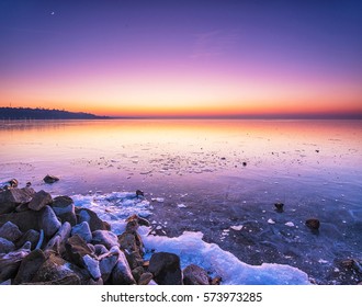 Sunset Over Lake Balaton In Winter