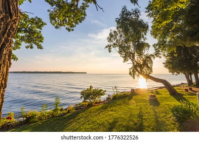 Sunset Over Lake Michigan And Garden Landscape