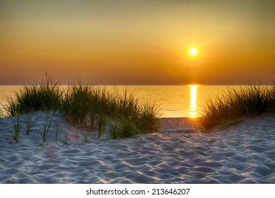 The Sunset Over Lake Michigan As Seen From The Esch Road Beach, Part Of The Sleeping Bear Dunes National Lakeshore.