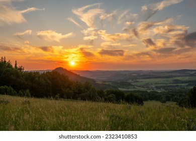 Sunset over the land of extinct volcanoes in Poland