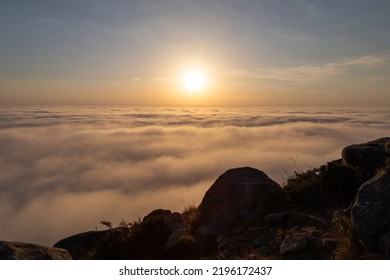 Sunset Over A Large Blanket Of Coastal Fog. Cabo Home, Pontevedra, Spain.