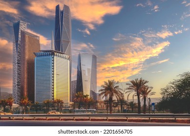 Sunset over large buildings equipped with the latest technology, King Abdullah Financial District, in the capital, Riyadh, Saudi Arabia - Shutterstock ID 2201656705