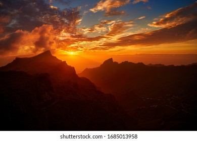 Sunset Over Masca Village In Tenerife Island, Canary Spain