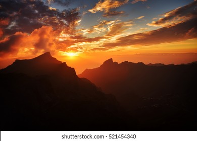 Sunset over Masca village in Tenerife island, Canary Spain