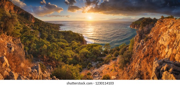 Sunset Over The Mediterranean Sea Bay. Lycia, Turkey.