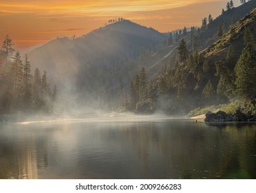 Sunset over the mountains and the salmon river in the  Frank Church River of no Return wilderness area in northern Idaho USA